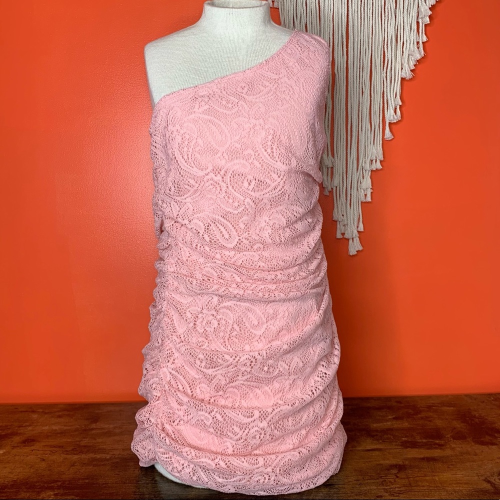 Va Va Voom One Shoulder Crochet Knit Ruched Pink Mini Dress